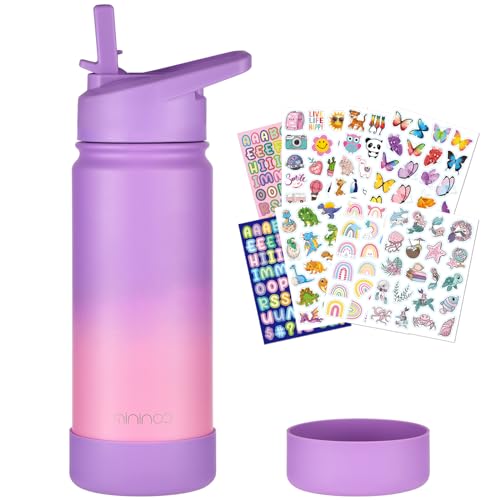 mininoo Kids Water Bottle for School, 16oz Stainless Steel Insulated Water Bottle Kids with Straw Lid for Girls, Boys (Purple/Pink)
