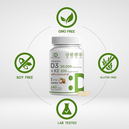 DEAL SUPPLEMENT Vitamin D3 50,000 IU + K2 MK7 200 mcg,240 Softgels | Virgin Coconut Oil, Max Strength Vitamin D & K, Promotes Heart, Bone, & Teeth Health â€“ One Softgel Weekly, Easy to Swallow