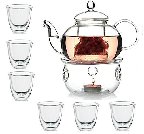 Lushh Borosilicate Heat-resistant Glass Tea Pot Set, Infuser Teapot 800 ML+ Tea Warmer+ 80 Ml Double Wall Cup 6pcs