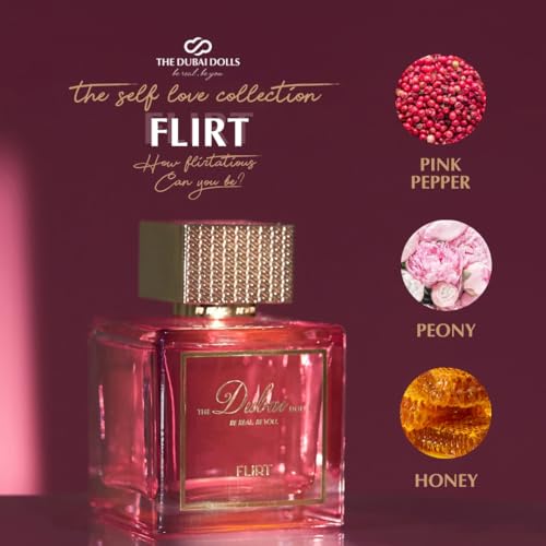 THE Dubai DOLLS Luxury Eau de Parfum ??FLIRT | A vibrant blend of pink pepper, peony, and honey for a captivating scent, perfect for day and night. (100ml)