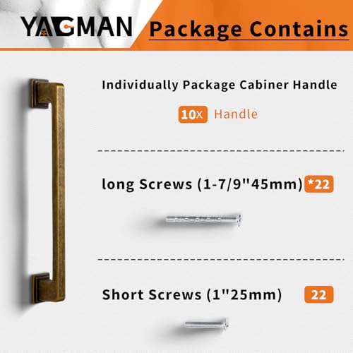 Yagman 10 Pack Antique Brass Cabinet Pulls 6-3/8"(160mm) Hole Center Kitchen Retro Handles for Furniture and Drawers Vintage Square Dresser Handles Farmhouse Knobs Drawer Pulls Hardware Q-AB160-10