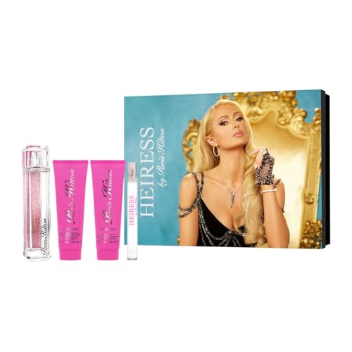 Paris Hilton Heiress for Women - 4 Pc Gift Set 3.4oz EDP Spray, 0.34oz EDP Roll-On, 3oz Body Lotion, 3oz Bath and Shower Gel