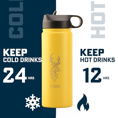 NABA Stainless Steel Water Bottle 600ML With a Wide Mouth-Double Wall Vacuum Flask Hot Insulated Thermos Water Bottle For Kids, School-Coldest Gym Bottles,Sports - 3 Lids,2 Straws (Yellow, 20oz)