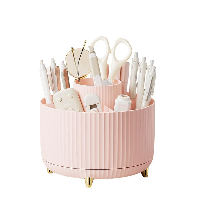 Rotating Desk Organiser, Double-Layer Pink Pen Holder with Gold Feet, Large Capacity Storage Box for Office and Student Supplies (pink)