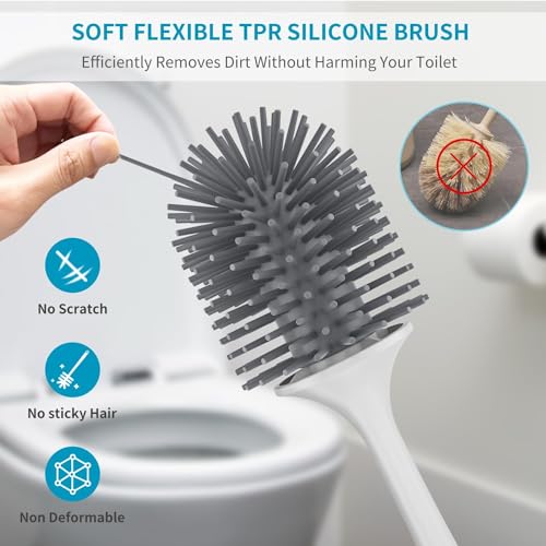 WEKOTEE Toilet Bowl Brush and Holder Set,Silicone Toilet Bowl Brush,Toilet Cleaner Brush for Bathroom,Floor Standing & Wall Mounted Toilet Scrubber Without Drilling, Light Gray (185-01)
