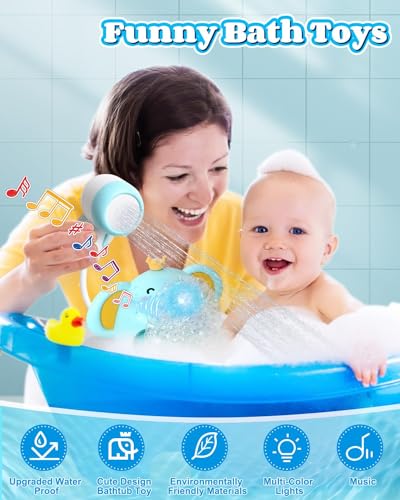 KASTWAVE Baby Bath Toy with Shower Head, Elephant Water Spray Squirt Shower Faucet and Automatic Bubble with Music & Light, Bathtub Water Pump Summer Essentials for Toddlers and Kids Ages 1-3