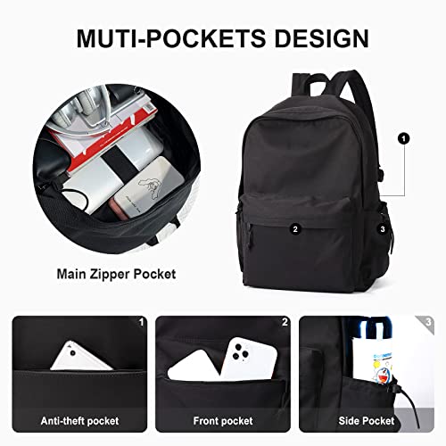 PAUBACK Black School Backpack, Cute Bookbag for School Teens Gilrs Boys, Lightweight Back Pack Rucksack for Women Men