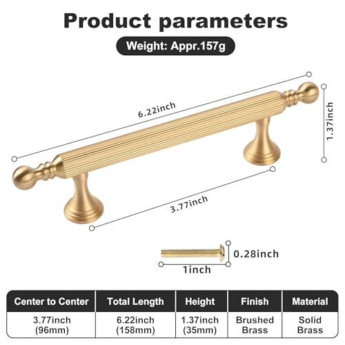 TERRIFI 2 Pack Solid Brass Kitchen Cabinet Handles, 3-3/4 Inch Gold Dresser Drawer Pulls, Modern Furniture Door Handles for Bathroom Cabinets, Wardrobe, and Closet Doors