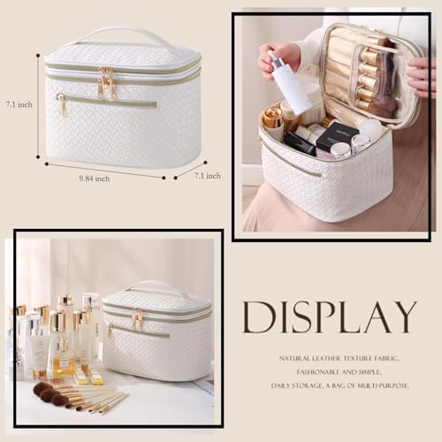 KASTWAVE Hanging Travel Toiletry Bag, Travel Makeup Bag and Jewelry Bag for Women, Large Make Up Bag Organizer Double Layer PU Toiletry Bags, for Traveling Women (White)