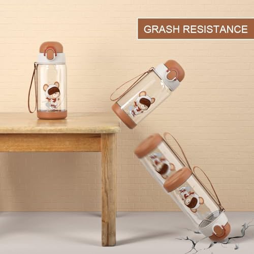 Azonee 500ml Kids Water Bottle with Straw, BPA Free, Lightweight & Leak-Proof, Two Lids, Ideal for School & Sports, Blue (Brown)