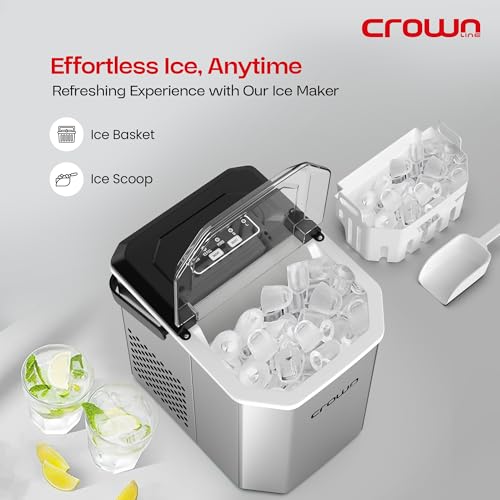 Crownline Portable Ice Maker, 12kg/Day, 1.3L Water Tank, Transparent Lid, Ice Basket, 2 Cube Sizes (S/L), Fast Ice Production – Perfect for Home, Office & Parties | IM-411