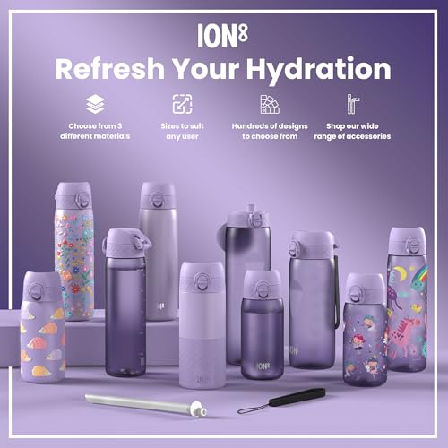 ION8 Water Bottle, 500ml/18oz, Slim Leak-proof & BPA-Free Drinking Bottle, Secure Lock Prevents Spills, Dishwasher Safe, Carry Handle, Ideal for Adults & Kids - Travel, Gym & School, Purple, Unicorns