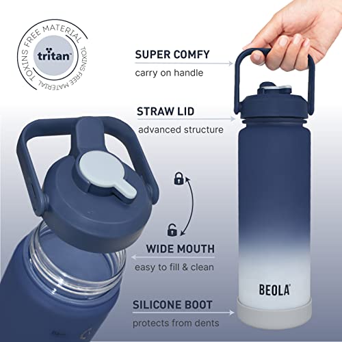 BEOLA 1000ml, 750ml, Motivational Water Bottle with Time Markers and Straw Lid, Tritan Plastic, BPA BPS FREE Leak Proof and Drop Resistant Office Bottles, 32oz, 25oz (Faded Denim, 750ml)