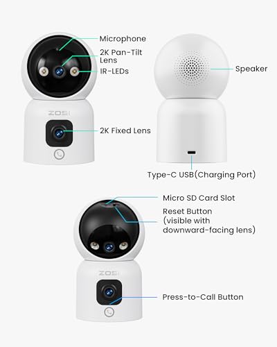 ZOSI Dual-Lens 2K WiFi Security Camera Indoor, 355° Views Pan/Tilt Home CCTV Camera with 2 Way Audio, One-Touch Calling, Smart Person Detection, 2.4G/5G Dual-Band WiFi, C528