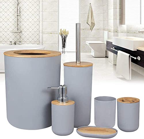 Bamboo Wooden Bathroom Accessories Set, 6 Pcs Set Toilet Brush, Soap Dispenser, Waste Bin, Toothbrush Holder, Soap Dish Cup Set Can Be Used Repeatedly
