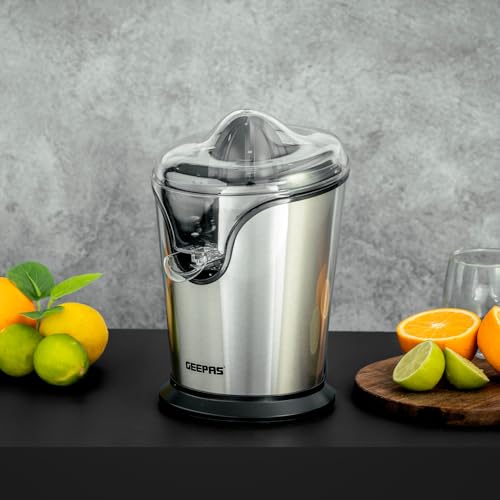 Geepas GCJ46013UK 100W Citrus Juicer Electric Orange Juicer | Professional Brushed Stainless Steel Fruit Juicer | Squeezes Oranges Lemons Lime Juices | Freshly Pressed Fruit Juices in Seconds