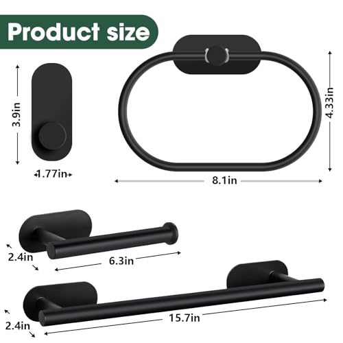 Diylove 4-Pieces Matte Black Bathroom Hardware Set,Wall Mounted Stainless Steel Towel Bar Set Including 16in Towel Bar, Adhesive Toilet Paper Holder, Towel Ring, Hooks, No Drill