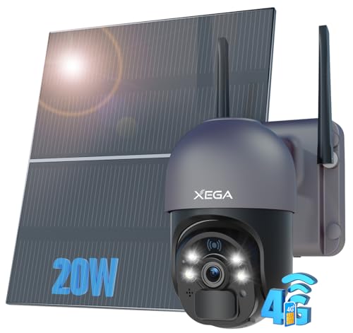 Xega 4G LTE Security Camera【20W Solar Panel 20,000mAh Battery】 with SIM Card - [24/7 Record] Solar Powered Security Camera Outdoor Wireless, 2K HD Color Night Vision CCTV, PIR Motion Detection, IP66