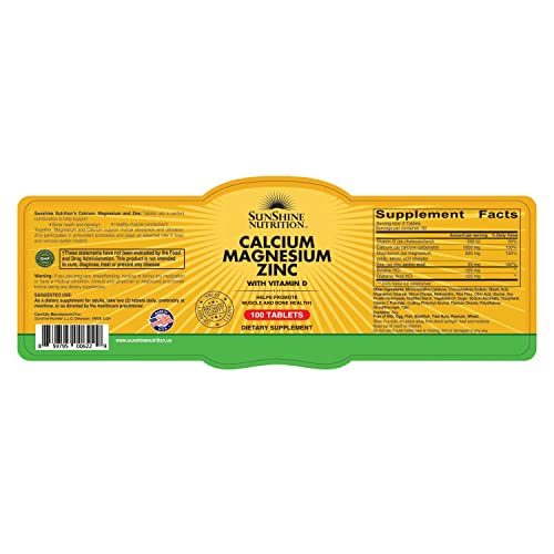 Sunshine Nutrition Calcium Magnesium Zinc With Vitamin D, 100 Tablets | Helps Promote Muscle & Bone Health | Gluten Free