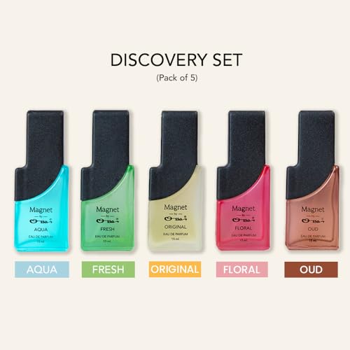 Ossa Magnet Discovery Set Eau De Parfum Gift Set | Aqua, Fresh, Original, Oud, Floral Premium Fragrance Set For Men & Women | Long Lasting Perfume Scent | Combo Pack of 5 x 15ml