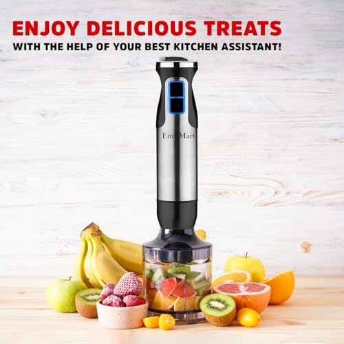 EnvoMart 800W 4-in-1 Hand Blender Set - 2-Speed Stick Mixer with Titanium Plated Stainless Steel Blade, 600ml Mixing Beaker and 860ml Food Chopper, and Whisk Attachment - Kitchen Mixer for Blending