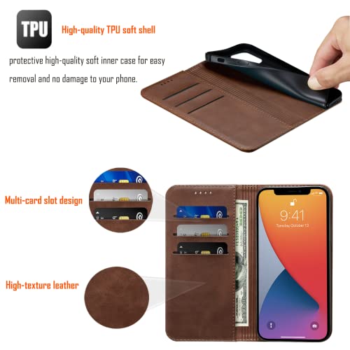 LANJLM iPhone 13 Case PU Leather Wallet Case Card Holder Shockproof Flip Cover - Brown
