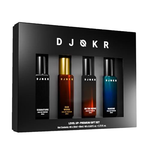 DJOKR Perfume Gift Set for Men Pack of 4x20 ML | Eau De Parfum | Premium Luxury Long Lasting Fragrance Spray | Signature, On The Rocks, Oud Wood, Marine (4x20 ml)
