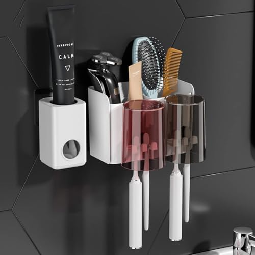ECVV 2 Cups Wall Mounted Toothbrush Holder Set, Bathroom Toothbrush Holder with 2 Classification Storage Compartments -Automatic Toothpaste Squeezer Storage Rack Bathroom Accessories Set