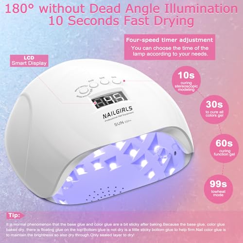 UV LED Nail Lamp, Nail girls 150W Nail Dryer for Gel Nail Polish 4 Timer Setting with Automatic Sensor, UV Nail Light Curing Lamp for Home, Salon
