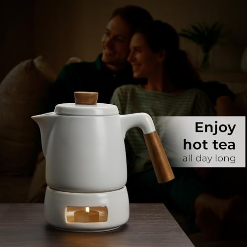 MIAMIO - Teapot Set with Warmer / 1L / 1000 ml Tea Kettle with Infuser for Steeping Loose Tea Leaves - Gift for Women/Tea Lovers (White)