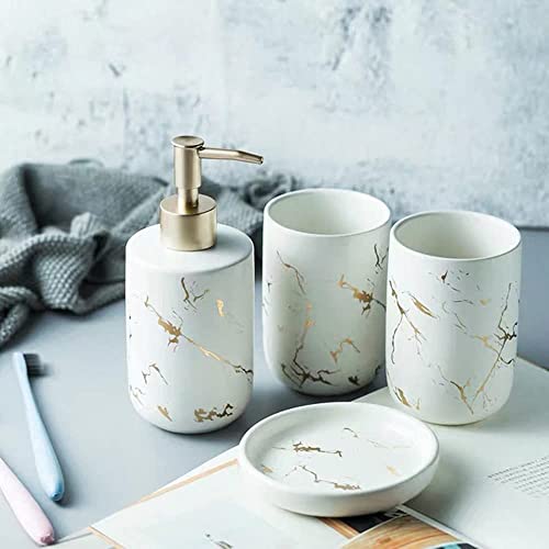 Bathroom Accessories Set, 4 Pcs Complete Marble Bathroom Accessory Modern Decoration Counter-top Organizer Toothbrush Holder Lotion Dispenser Soap Dish Tumbler. (White)