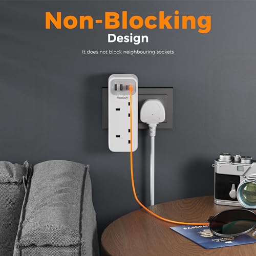 TESSAN Double Plug Adaptor with 4 USB(2 USB C), 2 Way Multi Plug Extension Adapter, UK 13A Fuse Multiplug Sockets Power Extender for Home, Kitchen, Office, School Supplies