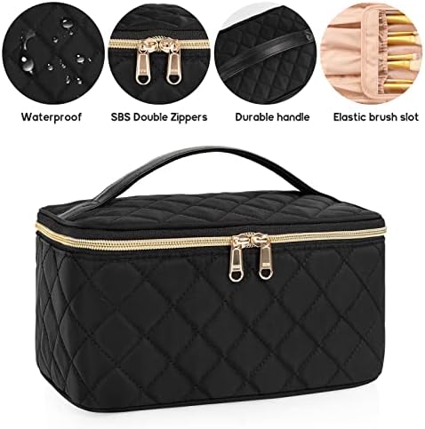 OCHEAL Makeup Bag, Portable Cosmetic Bag, Large Capacity Travel Makeup Case Organizer, Black Makeup Bags For Women Toiletry Bag for Girls Traveling With Handle and Divider