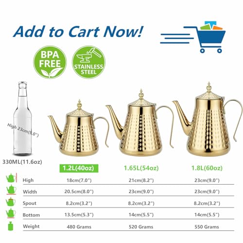 SANQIAHOME 1.2L(40oz) Stainless Steel Hammer Patterned Teapot With Removeable Infuser,Loose leaf cover,Gold