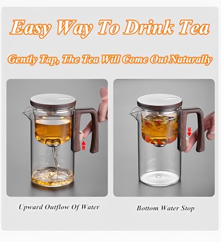 Beauenty Heat Resistant Glass Teapot,One Click Filter Separation Teapot,With Wood Grain Handle,Bulk Tea Brewer,Magnetic Adsorption Cover,Magic Glass Teapot With Detachable Filter(720ml/24oz)