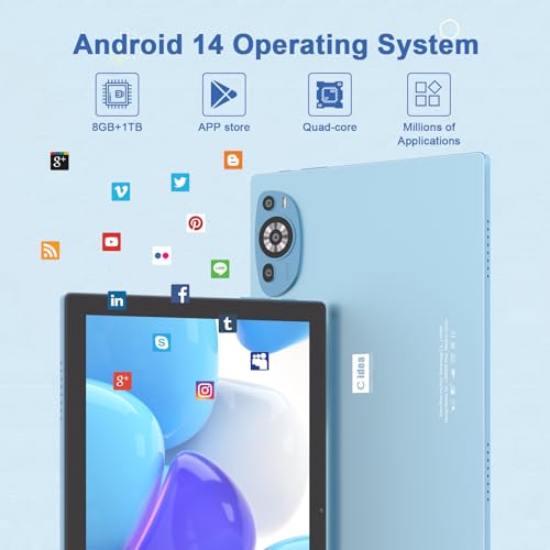 C idea10.1 Inches Tablet,Android 14 Tab,5G Tablet Dual SIM 8GB RAM 1TB ROM,10000mAh Battery With Bluetooth Keyboard,Mouse and Speaker CM8200plus (Blue)
