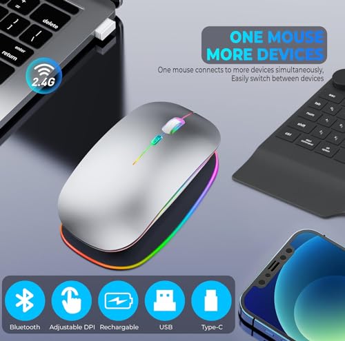 GraGra Wireless Rechargeable Bluetooth Mouse for Laptop, 2.4 GHz With 2 USB A to C Adapters, 3 Buttons, 800-2400 DPI, Computer Accessories