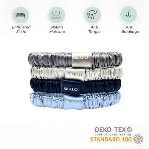 Silklo Silk Scrunchies, 100% Pure Mulberry Hair Ties 22 Momme Anti Hair Loss No Breakage Anti Crease Anti Frizz Hair Accessories Black Elastic Hair Band for Women Girls Hair Care 4Pcs (Moonlight)