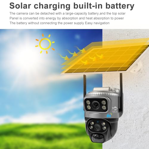 XLT 4G Sim Card Solar Camera PTZ 360°View Solar Powered Outdoor Security Camera with Dual Lens Night Vision, AI Human Detection, Two Way Audio, IP66 Works with Apps - 3MP