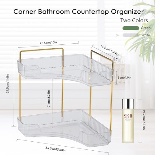 Angju 2-Tier Corner Bathroom Counter Organizer, Bathroom Countertop Perfume Tray and Vanity Organizer, Makeup Cosmetic Storage, Corner Storage Organizers for Bathroom,Dresser,Kitchen (White)