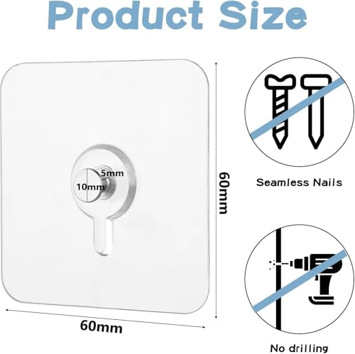 SKY-TOUCH Adhesive Wall Hooks : 18Pcs Transparent Heavy Duty Self-Sticking Hangers Without Nails, Waterproof & Rustproof for Kitchen Bathroom Home Office - Reusable No Damage Hooks (6x6cm, 4kg Load)