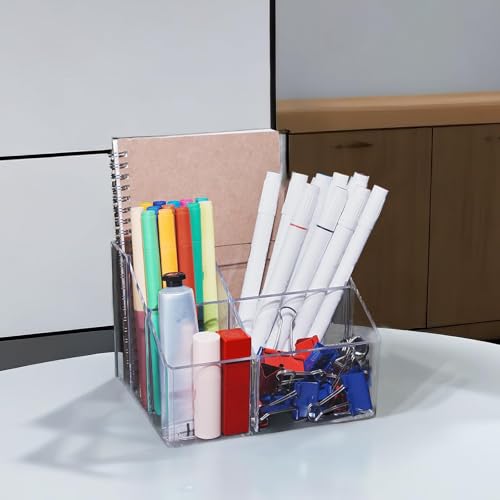 Acrylic Desk Organizer, Clear Pen Holder and Pencil Holder Display Stand, Office Supplies Accessories, 5 Compartments Stationary Pen Organizer for Office School Home Makeup Desktop Organization