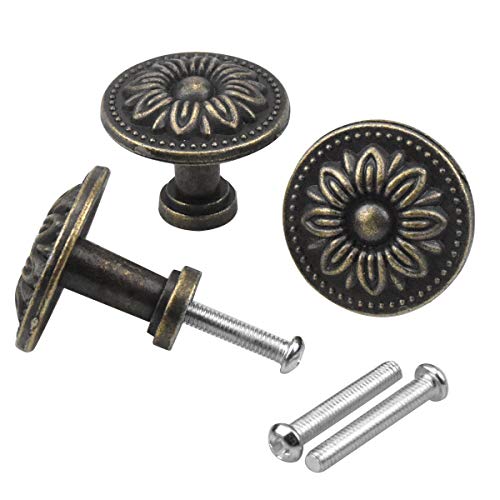 NATUCE 10PCS Antique Bronzy Flower Round Cabinet Knob, 32MM Vintage Drawer Knob, Kitchen Cabinet Cupboard Door Drawer Pull Knob, Retro Bronze Drawer Pull Handle, Hardware Knobs for Drawer Wardrobe