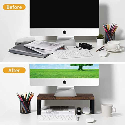 Angju Wood Vintage Monitor Stand Holder, PC Laptop Computer Screen Riser, Desktop Storage Organiser Shelf for Home or Office, 40 x 23 x 14cm, Dark Brown