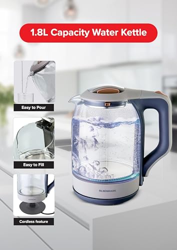 Olsenmark OMK2394 Illuminating Glass Kettle | Boil Dry Protection & Auto Shut Off | Fast Boil & Easy to Clean | Ideal for Hot Water, Tea or Coffee | 1.8L Cordless Kettle | 1500W