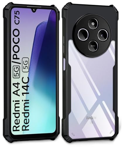 Case for Redmi A4 5G / Poco C75 5G / Redmi 14C Clear Hard PC Back Cover Case with Shockproof Premium TPU Black Border 360 Degree Impact Resistant Transparent Cover