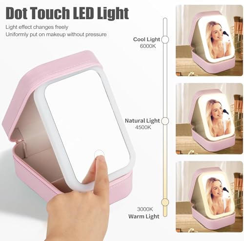 Tufexigo Travel Makeup Case with LED Mirror, Makeup Bag with Lighted Mirror, Cosmetic Train Storage Box, Portable Organizer Vanity Case for Women Beauty Tools Accessories Rechargeable (Pink)