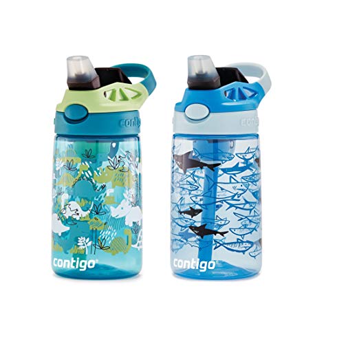 Contigo Kids Water Bottle with Redesigned AUTOSPOUT Straw, 14 oz., Dinos & Sharks, 2-Pack