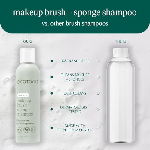 EcoTools Makeup Brush and Sponge Shampoo, Removes Makeup, Dirt, & Impurities From Brushes & Makeup Blender Sponges, Fragrance-Free Brush Cleanser, Vegan, & Cruelty-Free, 6 fl.oz./ 177 ml, 1 Count
