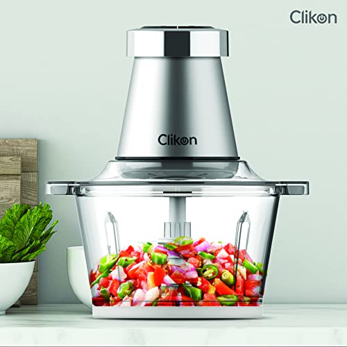 Clikon 2 Litre Electric Food Chopper/Meat Processor with Garlic Skin Peeler Attachment, 2 Speed Setting, Detachable Stainless Steel Quad Blades, 350 Watts, 2 Year Warranty, Silver